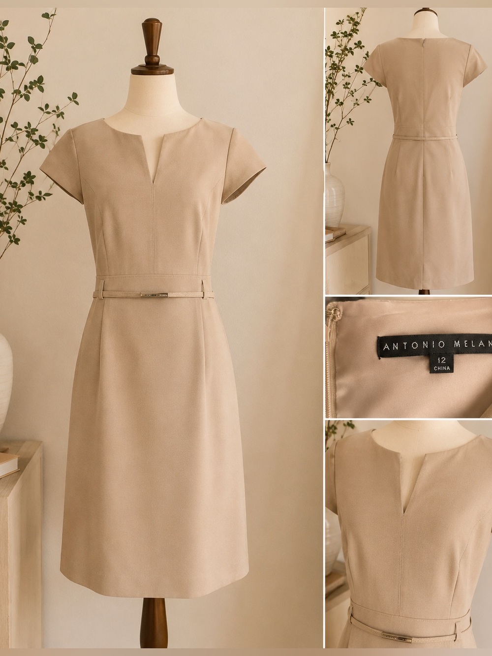 ANTONIO MELANI Neutral Beige Notch-Neck Midi Dress